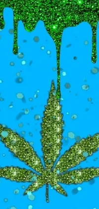 This live wallpaper features a cartoon-style depiction of a marijuana leaf dripping against a blue background