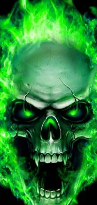 Get this stunning digital art phone live wallpaper featuring a green fire skull on a captivating black background