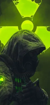 This impressive phone live wallpaper features a man wearing a gas mask, holding a cell phone