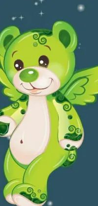 This lively phone wallpaper showcases a delightful green teddy bear styled as a fairy, depicted in beautiful vector art against a blue sky backdrop