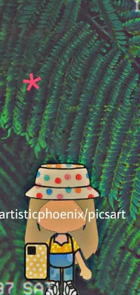This vibrant live phone wallpaper features a playful character wearing a bucket hat and carrying a suitcase amid lush tropical plants