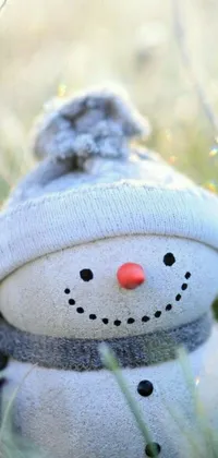 This phone live wallpaper features a snowman sitting on the grass, wearing a wool hat, fur coat, and holding a broom