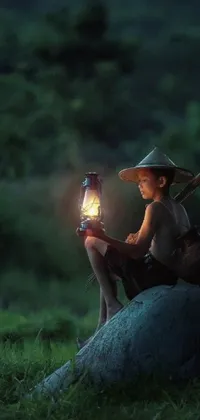 This stunning phone live wallpaper is an ultra-realistic depiction of a boy sitting on a rock and holding a lantern