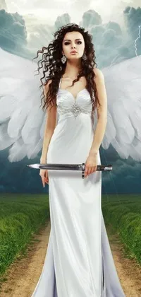 This live wallpaper for your phone depicts a woman wearing a flowing white dress, carrying a sword while standing in a field