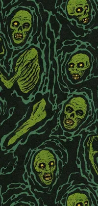 This live phone wallpaper boasts an edgy tumblr feel with its collection of green and black skulls set against a dark background