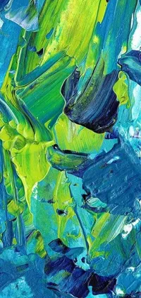 This live phone wallpaper features a stunning acrylic painting in blue and green tones by a talented abstract artist