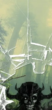 This phone live wallpaper features a close-up shot of a spider web with a captured skull, with a robot taking over a forest in the background