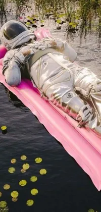 This incredible live wallpaper showcases an astronaut floating on an inflatable mattress in a serene pond