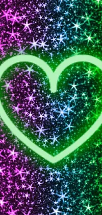 This phone live wallpaper features a vibrant green heart pulsating amidst bright stars on a black background