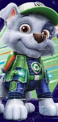 This live wallpaper depicts a cute cat wearing a stylish hat and green jacket from the popular children's show "Paw Patrol"
