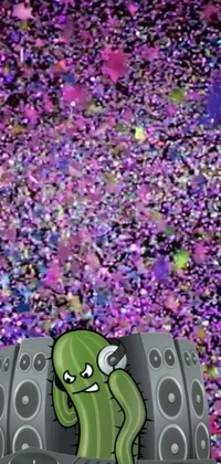 This lively phone live wallpaper showcases a cartoon alien DJ surrounded by confetti and color in a dynamic booth