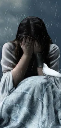 This phone live wallpaper showcases a poignant visual of a lone woman seeking solace in the rain