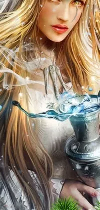 Looking for an awe-inspiring phone live wallpaper? This fantasy art wallpaper features a stunning image of a woman holding a tea pot, surrounded by intricate water magic with beautiful white liquid flowing from the pot into an exquisitely designed cup