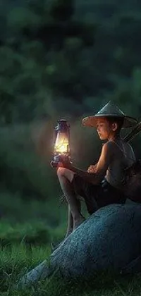 This live phone wallpaper features a stunning photorealistic painting depicting a man sitting on a rock holding a lantern
