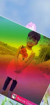 This live wallpaper for your phone showcases a young boy in a field of vibrant flowers, invoking a Chinese-inspired aesthetic with databending techniques