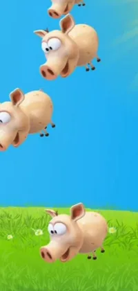 This phone live wallpaper depicts a group of flying pigs over a lush green field