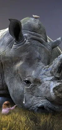 This phone live wallpaper showcases a gorgeous photorealistic painting of a rhino relaxing on a lush green field against a beautiful savannah backdrop