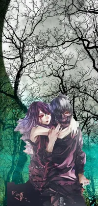 This live wallpaper depicts two individuals embracing in front of a full moon in a corrupted forest