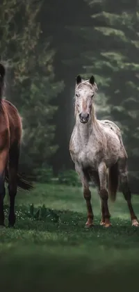 This live wallpaper features a stunning image of two horses galloping through a lush green forest