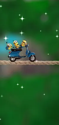 This phone live wallpaper features a cute cartoon character riding a scooter on a vine twist rope against a yellow minions background