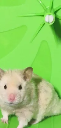 This phone live wallpaper captures the adorable image of a small hamster inside a green wheel