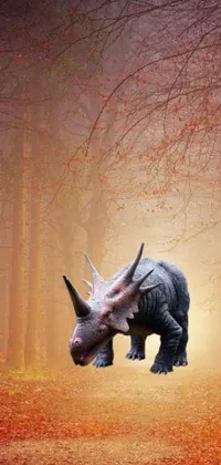 This live wallpaper features a vibrant digital art of a triceratops in cartoon style, set against a plain purple background