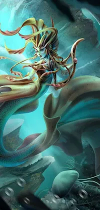 This phone live wallpaper showcases a mesmerizing fantasy art of a woman riding a mermaid undersea against a scene of the Hydra from Path of Exile, all rendered in stunning cyan and gold hues