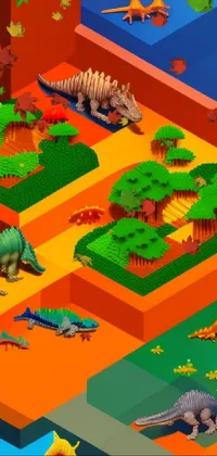This live wallpaper features a captivating pixel art scene of a group of dinosaurs standing in the green grass, including a wimmelbilder maze made with LEGO blocks, an isometric fantasy map, a colorful editorial illustration, and an orange subsurface scattering effect