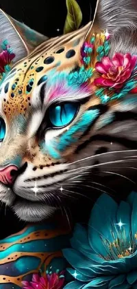 This cat live wallpaper features a highly intricate airbrush painting with vibrant colors and a fantasy art vibe