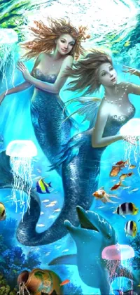 This phone live wallpaper depicts a painting of two mermaids and a dolphin in stunning digital 3D art
