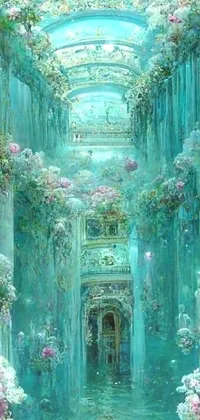 This captivating live wallpaper for your phone depicts a vibrant painting of flowers inside a beautiful building, exuding a dreamy and romantic vibe