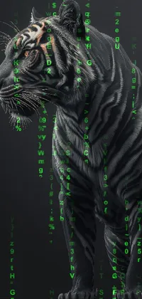 This phone wallpaper showcases a detailed and stylized 3D rendering of a black and white tiger on a dark background