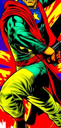This phone live wallpaper features a colorful and high contrast image of a western gunslinger in a red cape holding a gun
