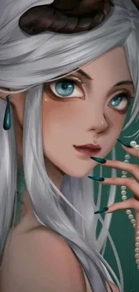 This phone live wallpaper features a mesmerizing digital painting of a woman with horns on her head