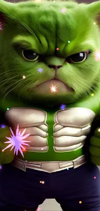 This humorous phone live wallpaper depicts a digitally rendered cat dressed up as Hulk, complete with bulging muscles and stern expression