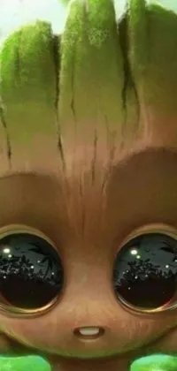 This phone live wallpaper depicts a close-up of a baby Groot character with big eyes