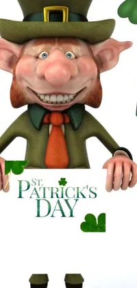 This animated phone wallpaper features a cheerful cartoon leprechaun clutching a sign for St