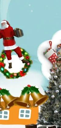 Get into the Christmas spirit with this lively live wallpaper featuring a beautifully illustrated Santa standing atop a house next to an adorned Christmas tree