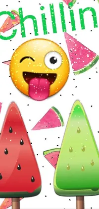This phone live wallpaper features popsicles and emoticons chilling on top of a watermelon slice while enjoying some club vibes