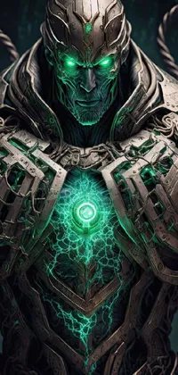 This live wallpaper features a futuristic armored figure with glowing green eyes, evoking a menacing attitude