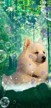 This live wallpaper features an adorable dog sitting in a bubble-filled bathtub with a fantasy forest in the background
