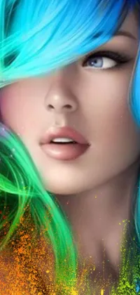 This phone live wallpaper features a mesmerizing digital fantasy art piece that showcases a beautiful woman with enchanting blue and green hair