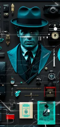 This digital art live wallpaper for your phone features a man in a suit and hat surrounded by a carefully arranged collection of dark teal colored items