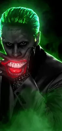 This phone live wallpaper features a man dressed as a popular fictional villain with glowing green hair and a creepy laugh effect