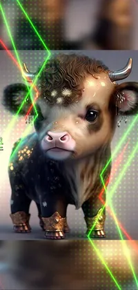 This phone live wallpaper showcases a stunning close-up view of a statue of an ox made completely of lasers