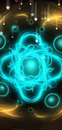 This phone live wallpaper showcases a stunning digitally generated blue and yellow flower, surrounded by intricate details of nuclear art, glowing tubes, and an atom symbol