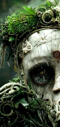 This phone live wallpaper showcases a close-up of a creepy undead character wearing a costume, set against a highly detailed post-apocalyptic jungle landscape