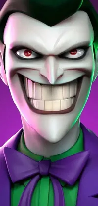 This iconic phone live wallpaper depicts a sinister jester in a purple suit and features a smooth background with a black and purple glitch pattern