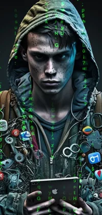 This phone live wallpaper features a captivating digital art piece of a mysterious hooded figure holding a tablet computer with a intense gaze