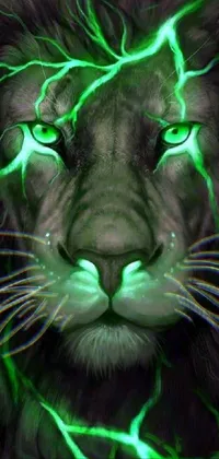 This mesmerizing phone wallpaper showcases a digital rendering of a lion's face with piercing green eyes